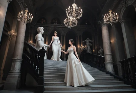 ,ruanyi0762,chandelier,statue,indoors,pillar,stairs,1girl,solo,evening gown,full body,<lora:0762 opera house_v1_pony:1>, score_9,score_8_up,score_7_up,,8k,1girl,solo,