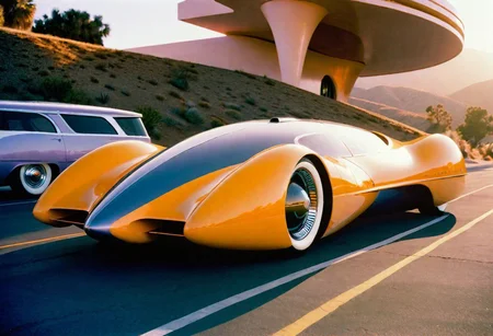 mobius, a concept car US Steel, retrofuturism, scifi ,california art deco , leica f1.4 summilux , velvia 200 film , 1982