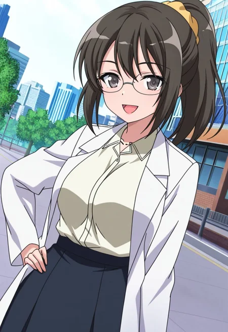 general,highres, ultra-detailed,very aesthetic,best quality ,best hands,best eyes,easynegative,
dynamic anglre, dutch angle, anime cloring,anime screencap,
1girl solo,looking at viewer,outdoors,city,smile,open mouth, hand on hip, 
Rika SHIGUMA,black_hair, ponytail ,black eyes ,large_breasts, glasses,shirt, skirt ,white labo coat,