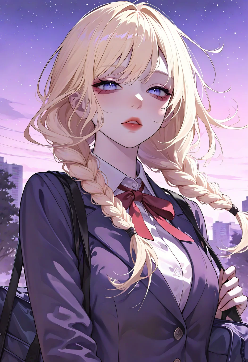 <lora:KoreanStyleSDXLvpred10:1>, AiKoreanStyle, 1girl, blonde hair, low twin braids, braid, star (sky), school bag, looking at viewer, parted lips, outdoors, school uniform, blazer, red ribbon, upper body, building, pink sky, neck ribbon, white shirt, long sleeves, floating hair, gradient sky, purple sky, long hair, collared shirt, starry sky, half-closed eyes, blue eyes, twilight, tree, wind, dusk, city, holding bag, night, shoulder bag, expressionless, purple theme, bags under eyes, red lips, aesthetic, very aesthetic, masterpiece, best quality, year 2024, newest, highres, absurdres, very awa,
