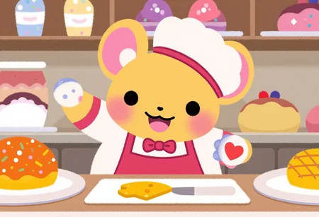 pikaole of, a mouse dressed as a baker is seen at a pastry shop, filling pastries with cheese instead of cream before customers arrive