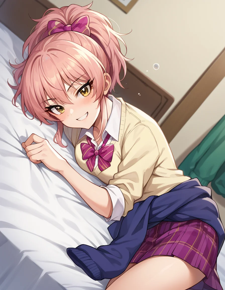 score_9, score_8_up, score_7_up, source_anime,
mikajougasaki, <lora:mika-jougasaki-ponyxl-lora-nochekaiser:1>
mika jougasaki, hair bow, long hair, pink hair, yellow eyes, ponytail, smile,
bow, clothes around waist, plaid, plaid skirt, school uniform, skirt, sweater, sweater around waist,
indoors, bed, bed room, on side, blush, drunk,
looking at viewer, dutch angle, cowboy shot,