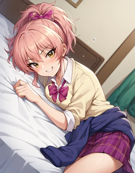 score_9, score_8_up, score_7_up, source_anime,
mikajougasaki, <lora:mika-jougasaki-ponyxl-lora-nochekaiser:1>
mika jougasaki, hair bow, long hair, pink hair, yellow eyes, ponytail, smile,
bow, clothes around waist, plaid, plaid skirt, school uniform, skirt, sweater, sweater around waist,
indoors, bed, bed room, on side, blush, drunk,
looking at viewer, dutch angle, cowboy shot,