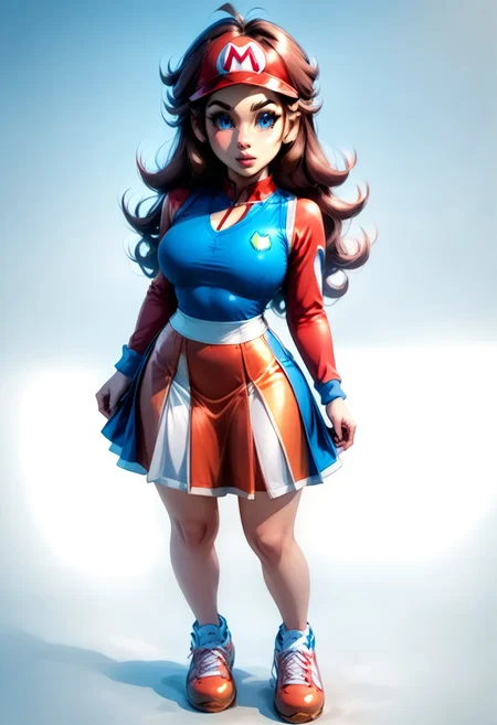 <lora:MtF_Genderswap:1>, genderswap \(mtf\), Mario, facing forward, adult woman, extremely large nose, extremely bulbous nose, very wide face, circular head shape, wide chin, wide jawline, brown hair, lightly curly hair, blue eyes, average bust, wide hips, red and blue clothes, tennis uniform, two-tone skirt, fully clothed, zPDXL, score_9, score_8_up, score_7_up, score_6_up, score_5_up, score_4_up,
full body render, full body, photorealistic image, realistic image, high quality, detailed face, realistic human proportions, detailed clothes, even lighting, no aura, no glow,