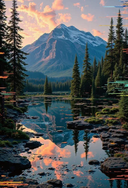 Create a highly detailed,high-resolution image of an ethereal hologram projecting an idyllic scene - a lush forest with towering trees surrounding a crystal clear lake that is fed from a tranquil river.. In the distance,majestic snow-capped mountains rise majestically against a warm sunset sky.,
Glitches where the hologram is failing are showing the circuits behind the image,fragments of neon blue and green circuitry and pulsing blue energy lines reveal themselves. These technological anomalies add an intriguing layer of depth and complexity to the otherwise breathtaking natural scenery.,<lora:flux.1_lora_flyway_Epic-detail_v2:0.8>,<lora:Glitchcore_Flux:1.4>,gl1tchc0re,glitch,glitched,glitched graphic,abstract glitch,glitch texture,<lora:bo-digitalabstract:1.2>,bo-digitalabstract,