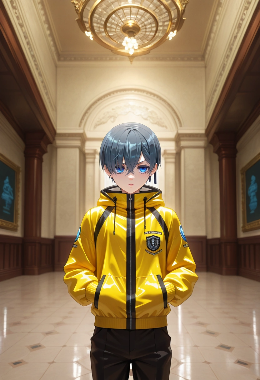 masterpiece, best quality, intricate details, (3d:0.4), , 1boy, solo, male focus, <lora:ciel_phantomhive_ilxl:1>, ciel_phantomhive, black hair, blue eyes, short hair, , museum hall, ancient artifacts, glowing exhibits, polished floors, admiring pose, awestruck expression, academic lighting, windbreaker,