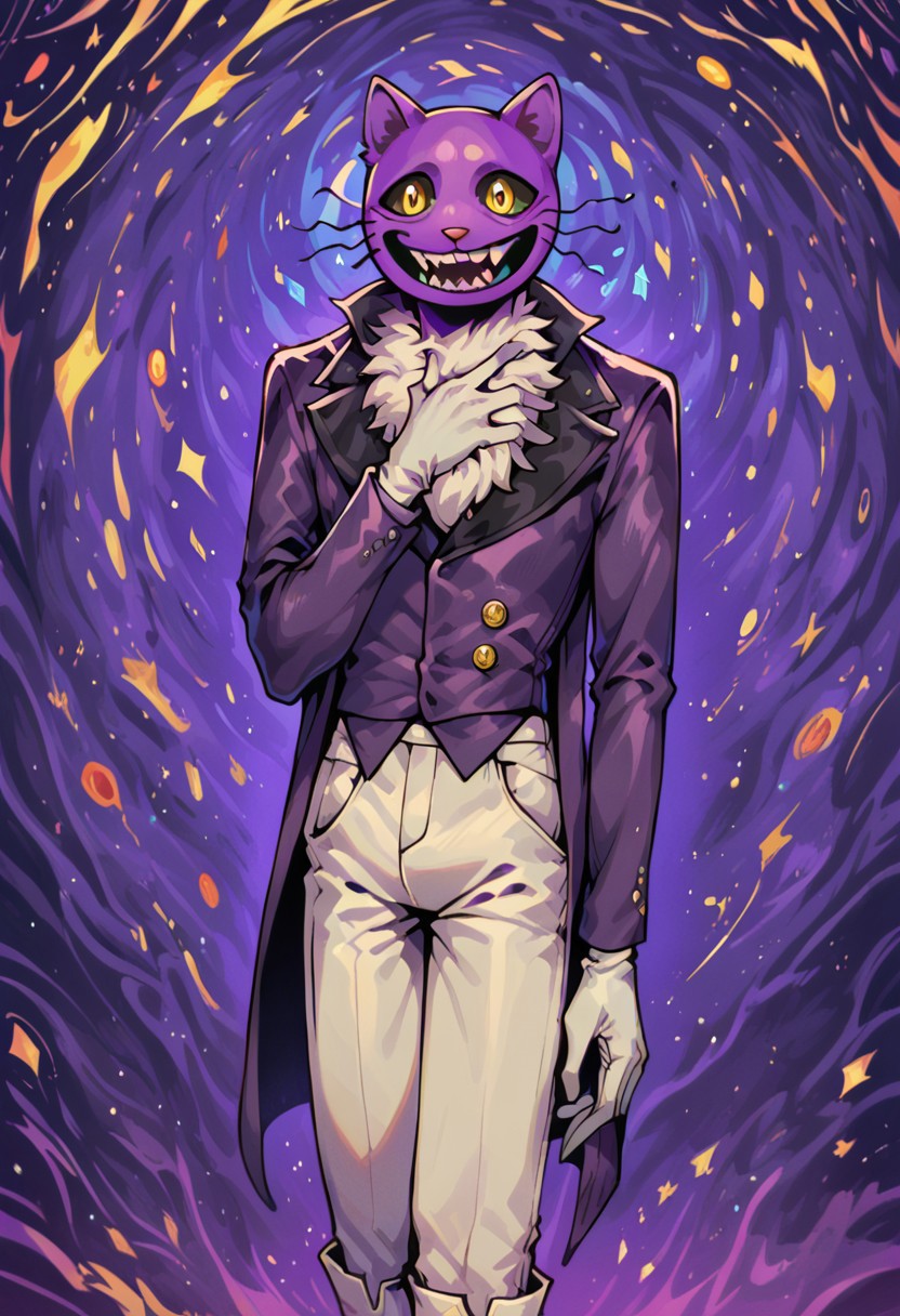 f3nn3r, Expressive, (trippy), score_9, score_8_up, score_8, abstract environment, 
solo, 1 boy, 
PocketCat, cat, purple latex cat mask, purple fur, wide smile, sharph teeth, purple blazer, trousers, white boots, white gloves, fur trim, purple jacket, white pants, standing, slightly tilted body, hand on chest, arm extended forward, yellow eyes, black sclera, male focus, standing