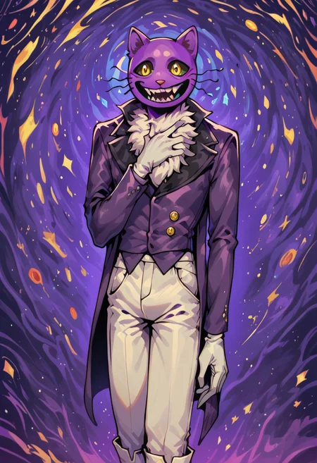 f3nn3r, Expressive, (trippy), score_9, score_8_up, score_8, abstract environment,
solo, 1 boy,
PocketCat, cat, purple latex cat mask, purple fur, wide smile, sharph teeth, purple blazer, trousers, white boots, white gloves, fur trim, purple jacket, white pants, standing, slightly tilted body, hand on chest, arm extended forward, yellow eyes, black sclera, male focus, standing
