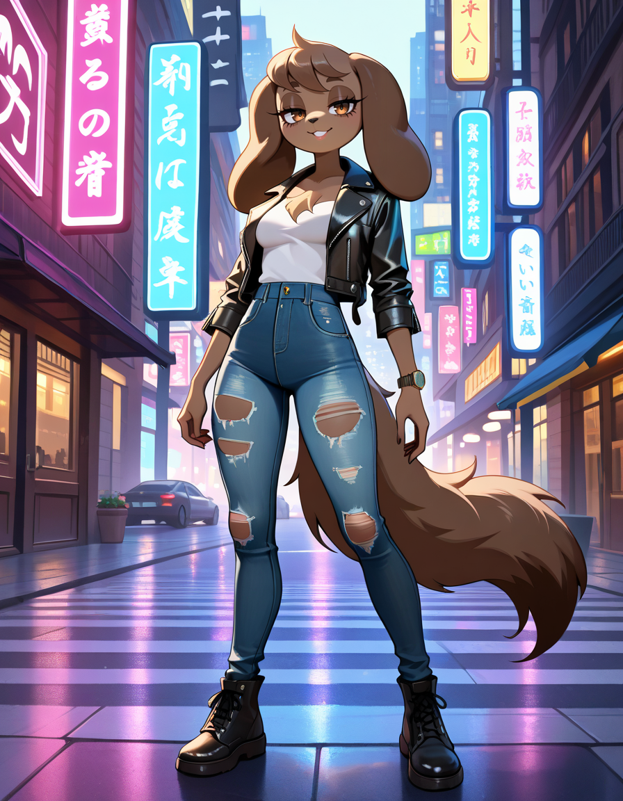 masterpiece, best quality, very aesthetic, absurdres,
outdoors,
full body, seductive smile, parted lips, long eyelashes,
 <lora:Anna_Holiday_v01_NAIXL:1>
4nn4h,1girl,solo,furry,furry female,a girl,dog ears,long ears,brown hair,shor hair,brow eyes,body fur,brown fur,dog tail,
leather_jacket, ripped_jeans, street_fashion, tokyo_at_night, neon_lighting, cinematic_light, 8k_uhd, motion_blur, hasselblad_portrait, professional_colorgrading, sharp_focus, looking_at_viewer,  lip_gloss,  wristwatch, standing, city_background