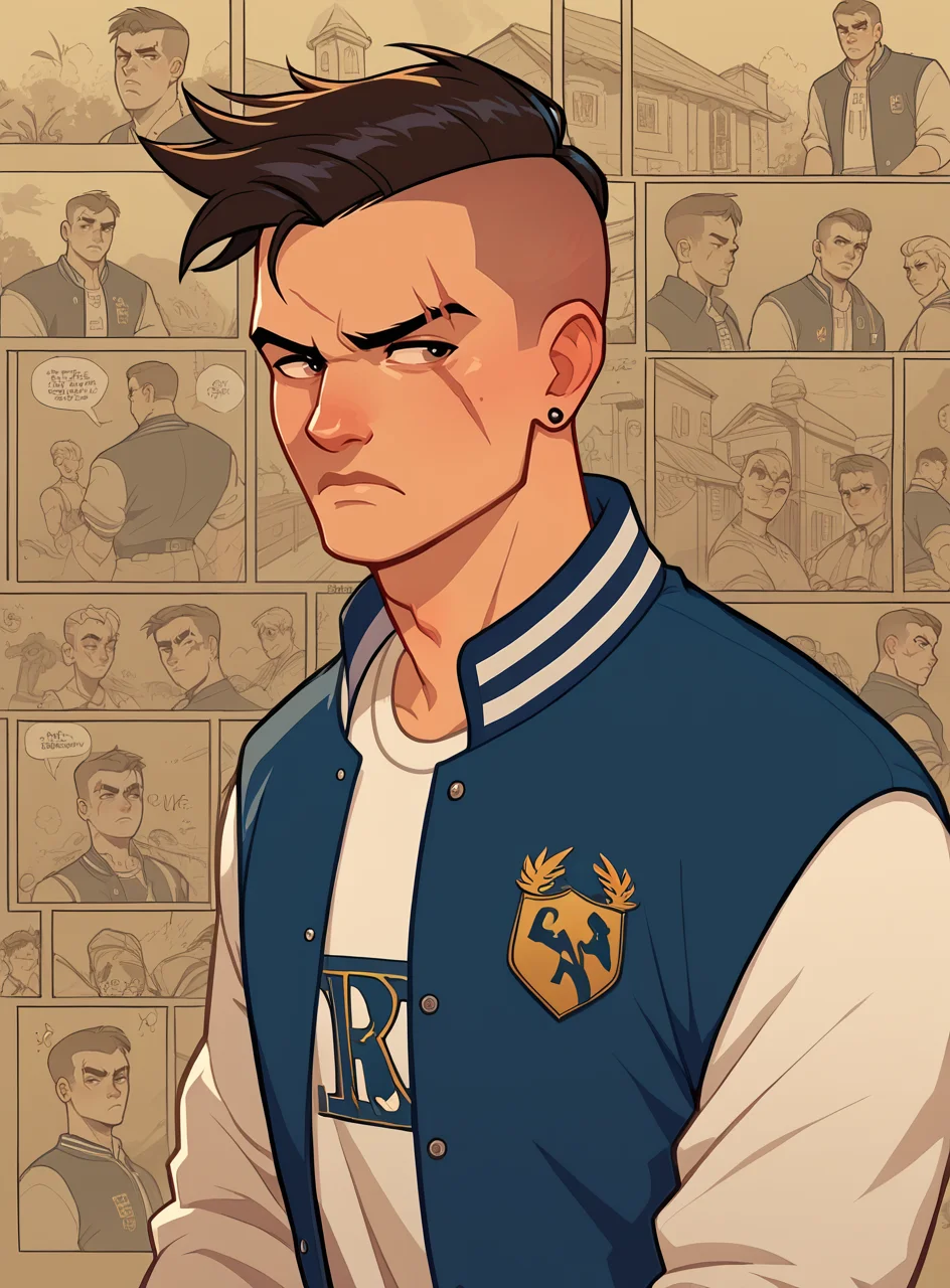 score_9, score_8_up, score_7_up, bullypxl, comic wallpaper, <lora:bullypxl:0.7>, best quality, 2d, 1boy, buzzcut, frown, blue letterman jacket, school logo, scar on eyebrow