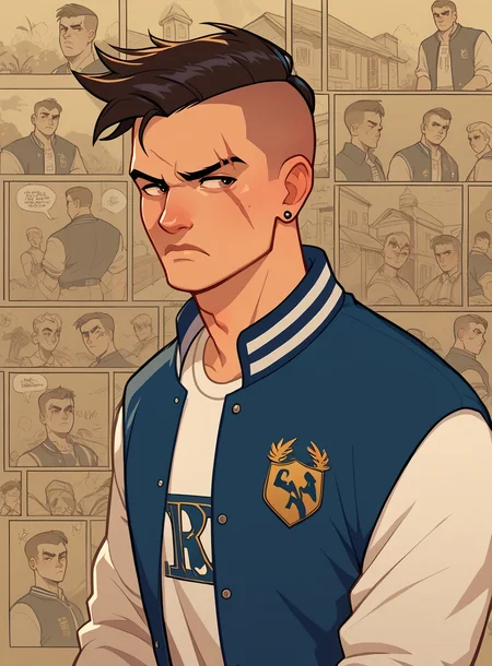 score_9, score_8_up, score_7_up, bullypxl, comic wallpaper, <lora:bullypxl:0.7>, best quality, 2d, 1boy, buzzcut, frown, blue letterman jacket, school logo, scar on eyebrow
