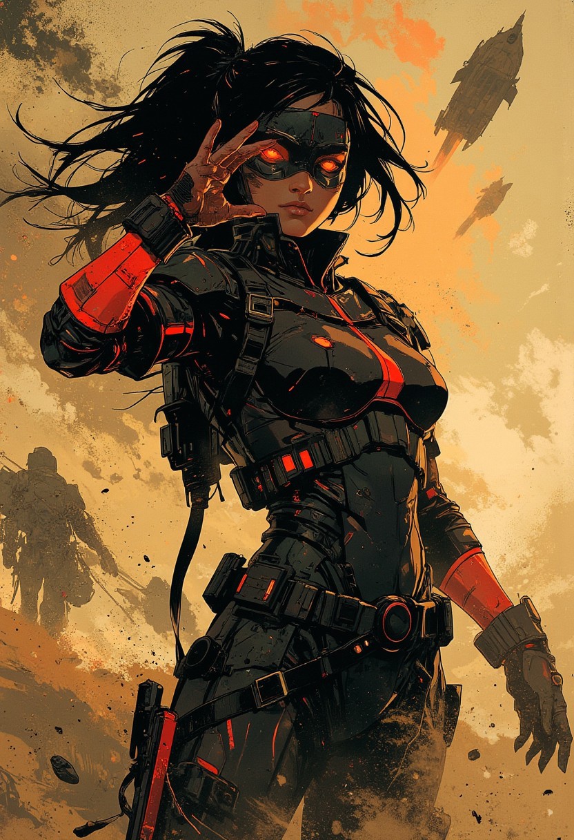 in the style of ck-mgs, nistyle, Inkplash art on rice paper, sepia, henna, Silhouette Art, magnificent, inksplash, closeup portrait, female bounty hunter, flowing black hair, reflective black and neon red armor, futuristic armor, a rifle strapped to her back, holstered pistol, holding hand up to block dust flying in her eyes, abstract background suggesting a harsh desert world, Spaceships flying overhead, dust storm, windy, 
Cowboy Shot, close up,