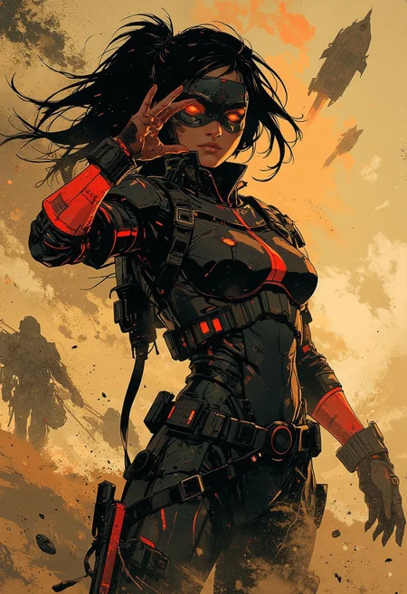in the style of ck-mgs, nistyle, Inkplash art on rice paper, sepia, henna, Silhouette Art, magnificent, inksplash, closeup portrait, female bounty hunter, flowing black hair, reflective black and neon red armor, futuristic armor, a rifle strapped to her back, holstered pistol, holding hand up to block dust flying in her eyes, abstract background suggesting a harsh desert world, Spaceships flying overhead, dust storm, windy,
Cowboy Shot, close up,