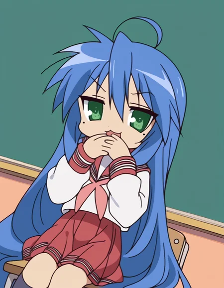 score_9, score_8_up, score_7_up, source_anime, <lora:konata-izumi-s1-ponyxl-lora-nochekaiser:1>, konata izumi, long hair, very long hair, green eyes, blue hair, ahoge, mole, mole under eye,, skirt, long sleeves, school uniform, pleated skirt, serafuku, sailor collar, neckerchief, red skirt, ryouou school uniform,, classroom, chalkboard, day time, studying, sitting, chair, desk,, , <lora:ojou-sama-pose-ponyxl-lora-nochekaiser:1>, ojou-sama pose, laughing, smug, hand to own mouth, open mouth,, looking at viewer, solo,, dutch angle, cowboy shot