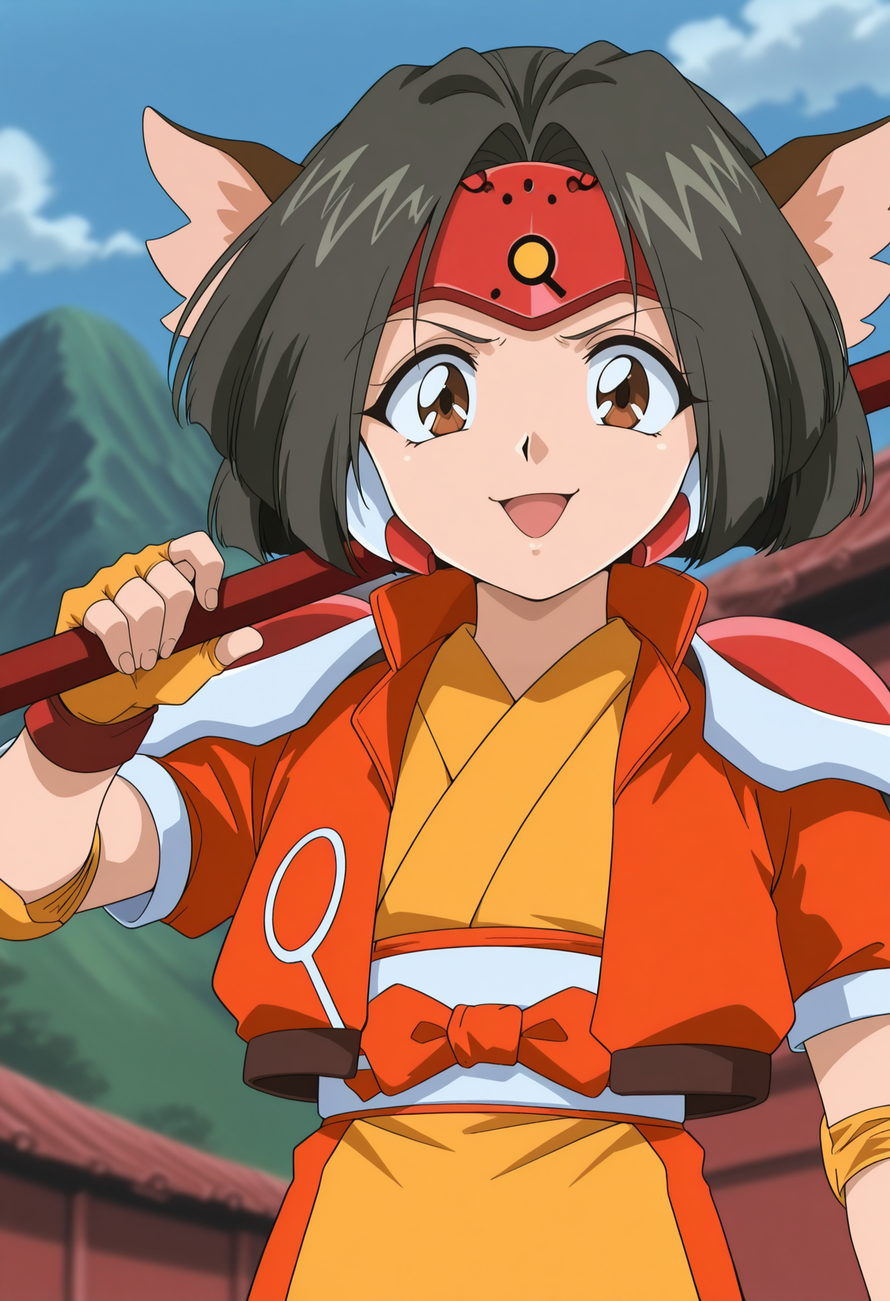 anime coloring, retro artstyle, 1990s \(style\), 1girl, solo, black hair, brown eyes, animal ears, forehead protector, japanese clothes, jacket, short sleeves, elbow pads, fingerless gloves, outdoors, holding spear, smug, open mouth, looking at viewer,   <lora:Angela_melty:1>, masterpiece, best quality, amazing quality, very aesthetic, absurdres, highres, newest