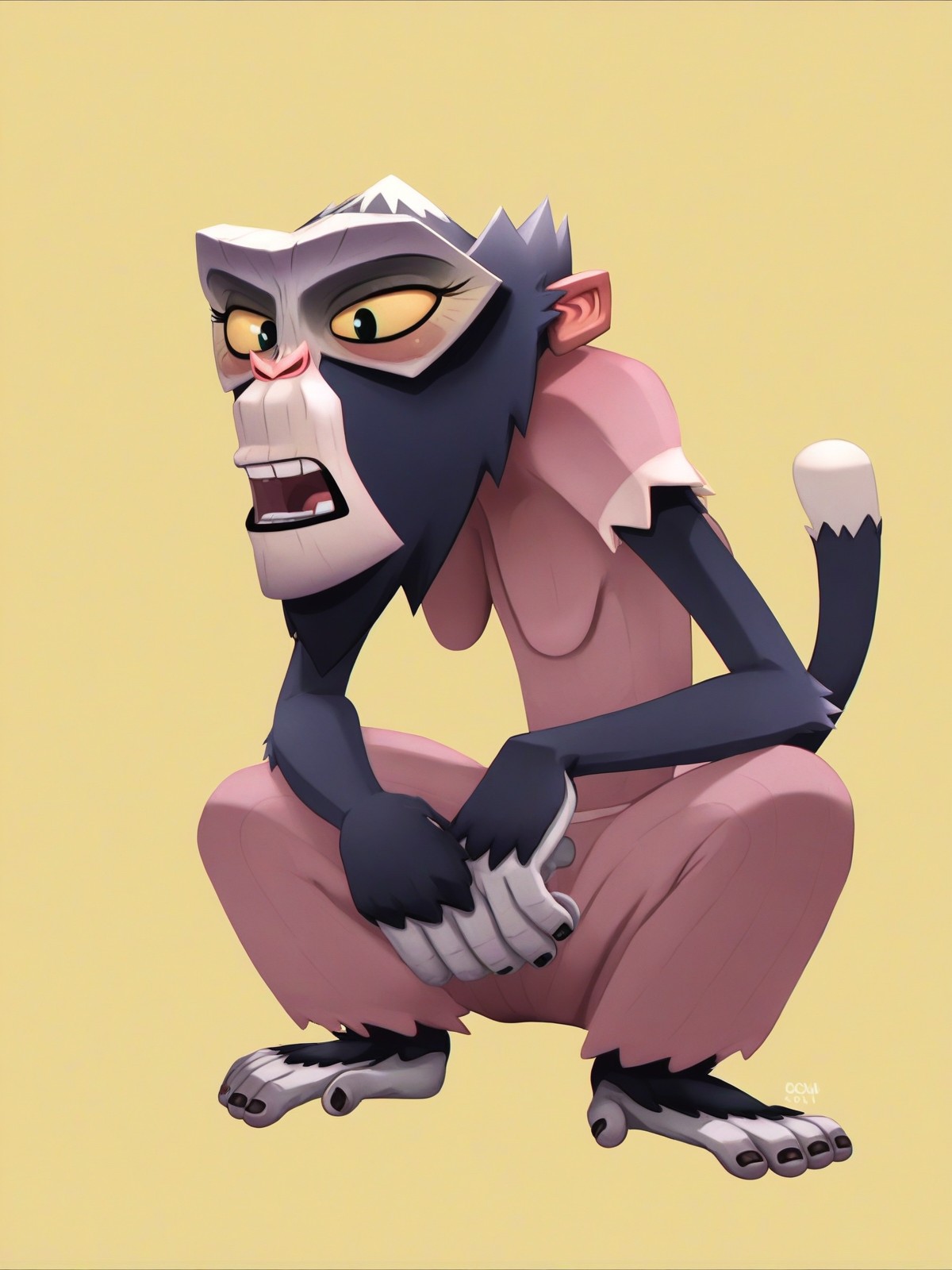 score_9,score_8,score_7,source_furry,
<solo:1.5>,
<1girl:1.5>,
mrs_simian, miss_simian, lucy_simian, fanart, solo, no humans, teeth, yellow background, full body, open mouth, primate girl, simple background, yellow sclera, tail, standing,
<white background:1.5>,
<simple background:1.5>, 
<lora:Lucy_Simian_Gumball_Pony:1> miss_simian
