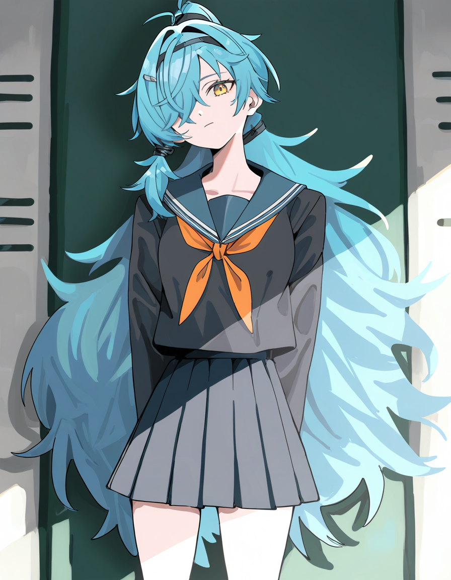 (haku_geroda:0.6),cowboy shot,legs,head tilt,school uniform,sailor collar,sailor skirt,sailor,
xytx-cihui,1girl,solo,low ponytail,ponytail,blue hair,hairband,yellow eyes,hair over one eye,
<lora:cihui_noob2:0.75>,masterpiece,best quality,very aesthetic,absurdres,