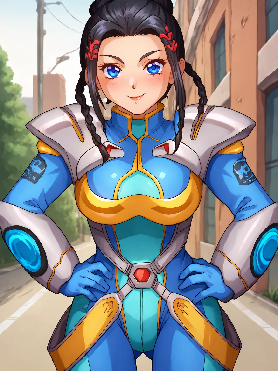 score_9, score_8_up, score_7_up, <lora:offset_0.2:0.1>, <lora:spo_sdxl_10ep_4k-data_lora_webui:1>, BREAK,
1girl, solo, BREAK,
srw_rio, large breasts, black hair, short hair, hair bun, sidelocks, blue eyes, twin braids, <lora:srw_rio:1> , BREAK,
srwbluepilotsuit, blue bodysuit, pauldrons, wrist guards, metal belt, grey armor, helmet removed, no headwear, gloves, <lora:Pilot_suit__Super_Robot_Wars:1>, BREAK,
smile, blush, looking at viewer, BREAK,
standing, (facing viewer, straight-on:1.2), hands on own hips, ass visible through thighs, cowboy shot, BREAK,
outdoors, city, street, blue sky, day