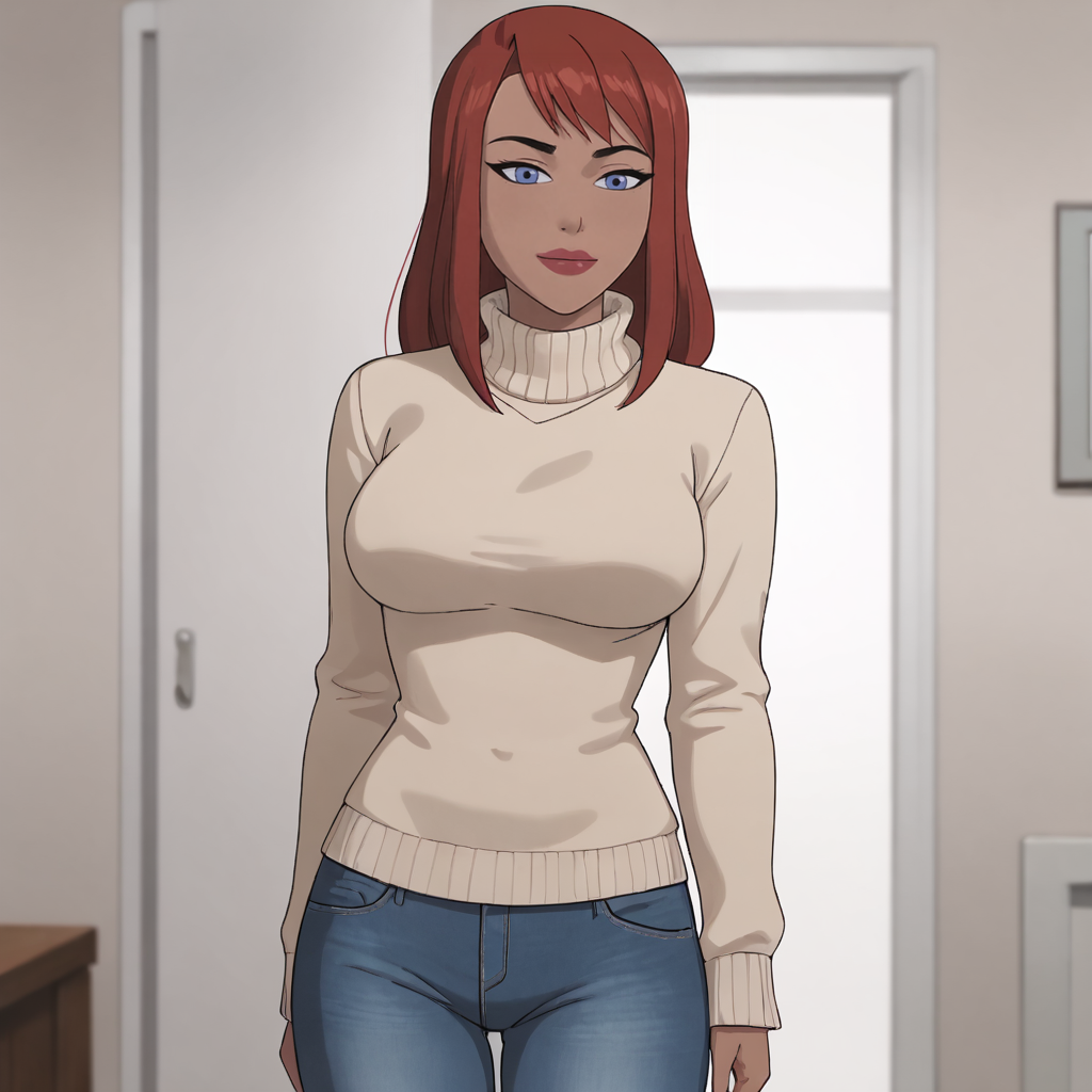 <lora:batgirlkillingjoke_pony_v1:.8>barbarakillingjoke, 1girl,red hair,  large breasts, shorthair, blue eyes, lipstick,  red lipstick,  cowboy shot, sweater, jeans