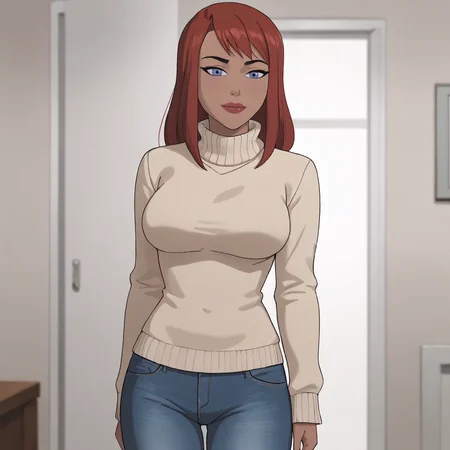 <lora:batgirlkillingjoke_pony_v1:.8>barbarakillingjoke, 1girl,red hair, large breasts, shorthair, blue eyes, lipstick, red lipstick, cowboy shot, sweater, jeans