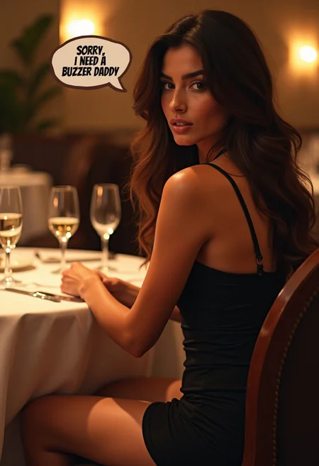 25 years old female, on a date sitting at a dinner table,   long hair, big tits, small waist, fitness body, wide hips, high cheekbones, oval face, curvy, full hips, supermodel, mature female, speak bubble above her head that says "SORRY, I NEED A BUZZER DADDY", high class large restaurant.