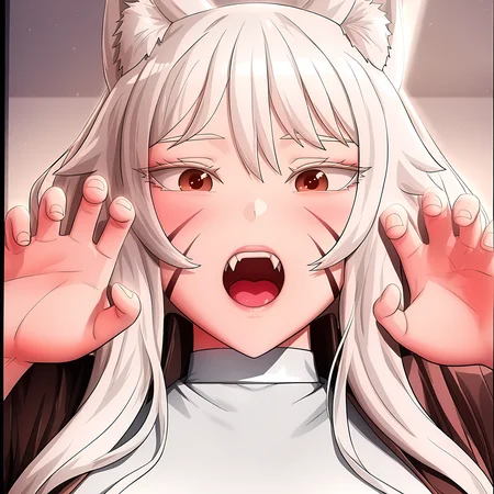 masterpiece,best quality,newest,absurdres,highres,<lora:noobai_ep11_stabilizer_v0.138_fp16:1>,<lora:Lee Miho:1>,lee miho,white hair,fox ears,portrait,claw_pose,fangs,