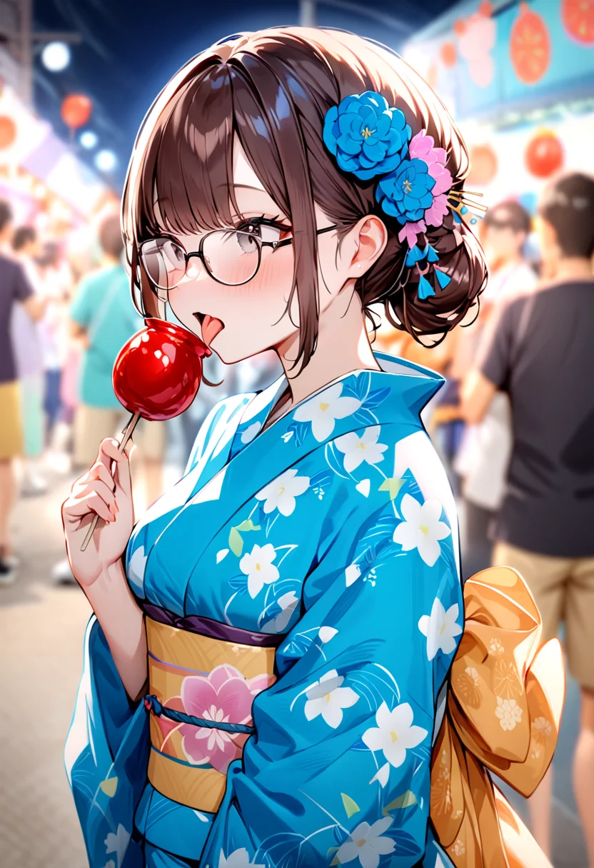 masterpiece, best quality, very aesthetic, absurdres,
ringoame, food, japanese clothes, candy apple, kimono, 1girl, glasses, brown hair, solo focus, hair ornament, yukata, festival, licking, tongue, sash, blue kimono, black eyes
<lora:ringoame_SDXL_V1:1>