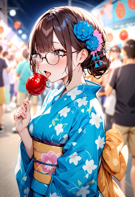 masterpiece, best quality, very aesthetic, absurdres,
ringoame, food, japanese clothes, candy apple, kimono, 1girl, glasses, brown hair, solo focus, hair ornament, yukata, festival, licking, tongue, sash, blue kimono, black eyes
 <lora:ringoame_SDXL_V1:1>