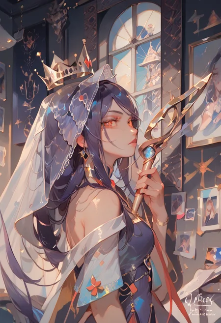 (portrait, painting on the wall of the royal queen:1.3), painting focus, regal, holding a royal scepter, from side, from front, royal cape, exquisite clothes, rich embroidery, veil, (score_9, score_8_up, score_7_up,), jill stingray, twintails, dark purple hair, in a museum, vibrant colors, high contrast, detail1eye,
