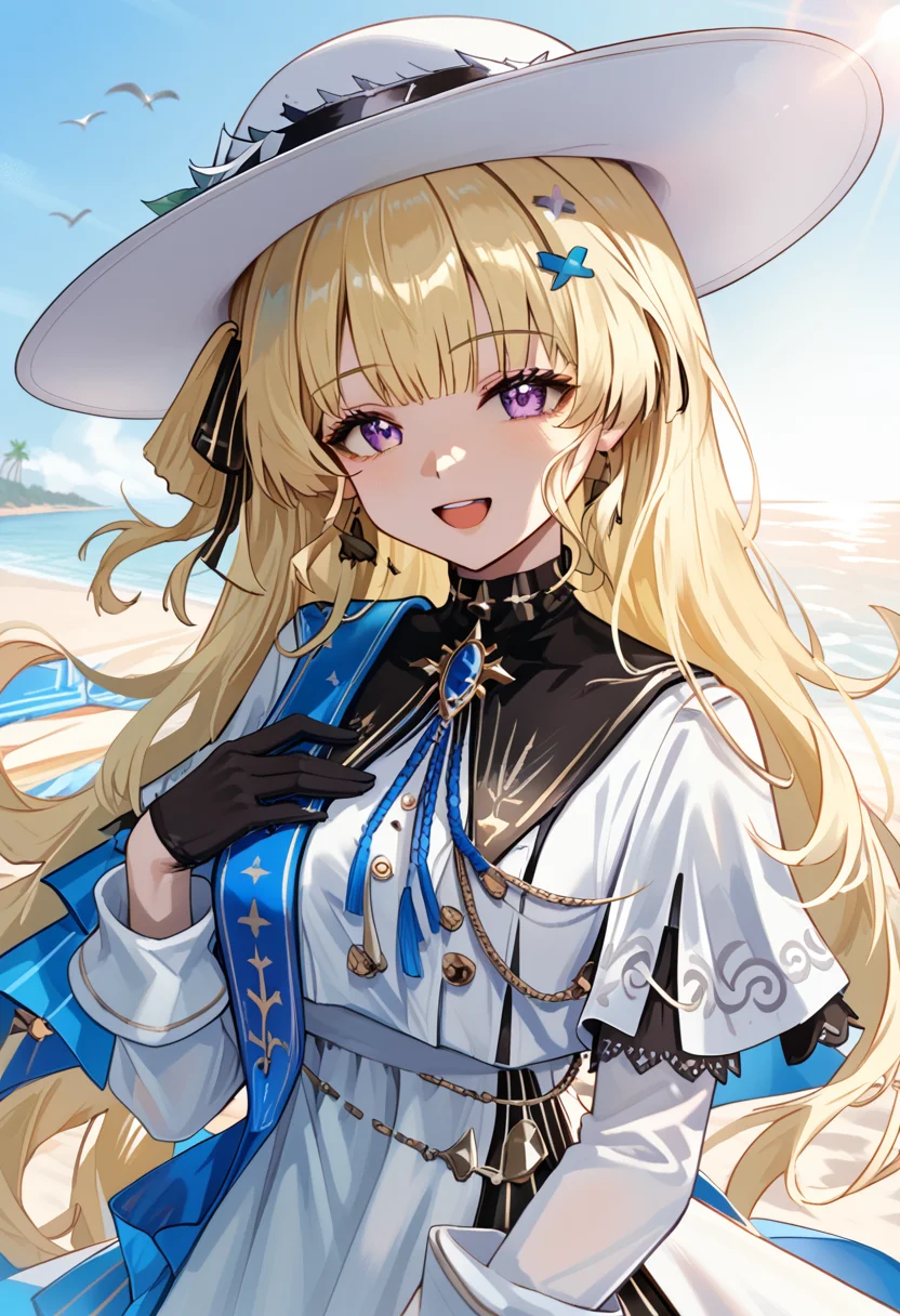 score_9, score_8_up, score_7_up, 1girl, blonde hair, purple eyes, long hair, gloves, solo, hat, smile, black gloves, white dress, long sleeves, hair ornament, virtual youtuber, (sensitive), (masterpiece), (best quality), on the beach, seagulls, happy, looking at viewer, solo, open mouth, highres, absurdres, grabbing own chest, (newest), ((upper body)), (ultra detailed), shine, sunlight, lens flare, <lora:Phoebe-V1-000006:1>