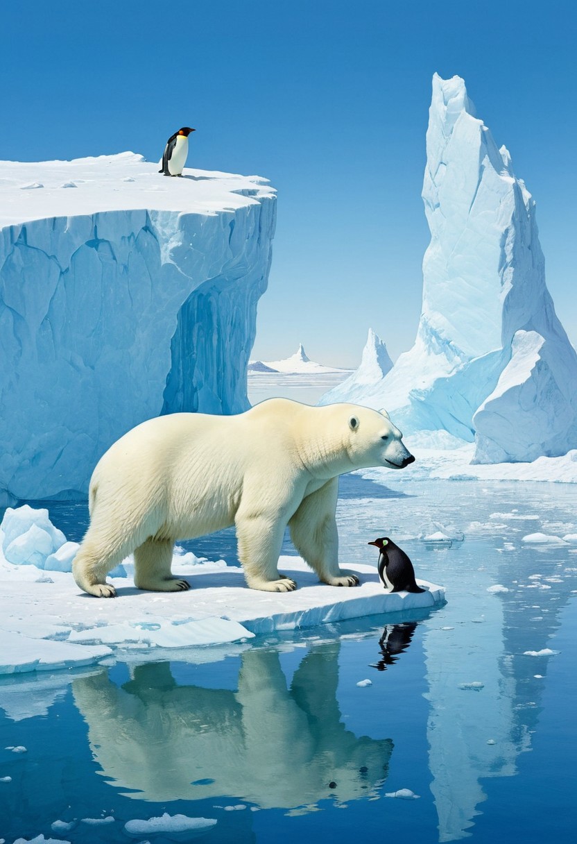 Polar_bear, penguins,ice_floe, iceberg, peaceful, serenity, no_human,Moebius (Jean Giraud) Style page, advntr, Macro detailed realism style photograph