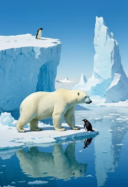 Polar_bear, penguins,ice_floe, iceberg, peaceful, serenity, no_human,Moebius (Jean Giraud) Style page, advntr, Macro detailed realism style photograph