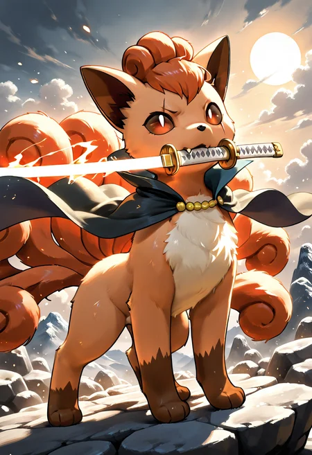 masterpiece, best quality, <lora:VulpixPokedex_IXL:1.0>, zzVulpix, red eyes, fox ears, orange fur, six tails, scar over eye, eye scar, sword in mouth, katana, animal pose, standing on rock, windblown fur, focused expression, dynamic lighting, dramatic clouds, cinematic composition, solo, fantasy setting, windswept cape, glowing sword, detailed fur, sharp gaze, (roronoa zoro:1.3), dynamic pose, sword slash, Against the backdrop of a stormy sky, zzVulpix stands tall atop a jagged rock, her six fiery tails flaring behind her in the wind. A gleaming katana clenched tightly between her jaws, she narrows her red eyes, the deep scar slashed over one eye giving her a battle-worn presence. Her fur ripples as lightning crackles in the distance, casting sharp highlights across her orange pelt. A ragged black cape whips around her shoulders, and the glowing blade reflects the stormâs fury. With a gaze full of resolve and wild pride, she looks ready to face any foe that dares challenge her.