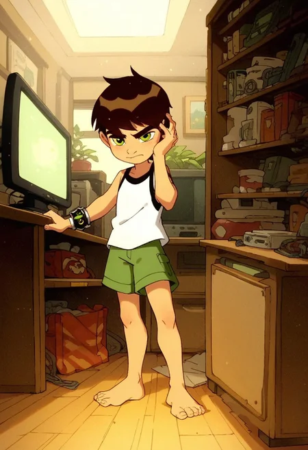 score_9, score_8_up, score_7_up, score_6_up, score_5_up, score_4_up, cute boy , standing, ((solo)), brown hair, green eyes, bracelet, sleepy ,
wear pijamas, tiny shorts , Tank top shirt , bare foot , messy bedroom , tv , games , windows , sun.