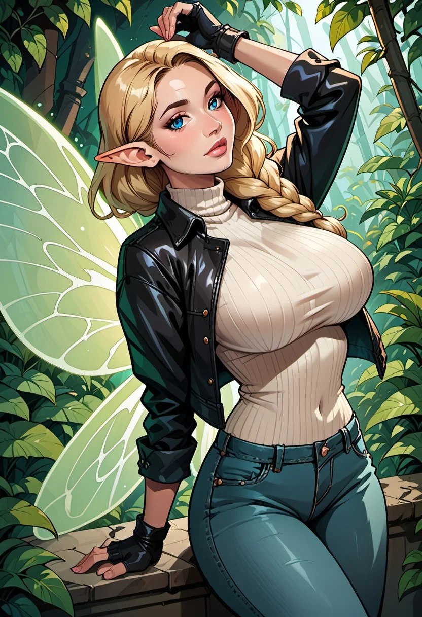 score_9, score_8_up, score_7_up, score_6_up, score_5_up, score_4_up, beautiful fairy woman, mature, long blonde braided hair, reij-hrstyl01 hairstyle, elf ears, detailed blue eyes, bright blue eyes, soft round jaw, magical aura, (delicate glowing wings with green patterns:1.4), (fairy wings:1.3), huge breasts, black jeans, white turtleneck, black leather jacket, fingerless gloves, leather gloves, jungle scene, ancient temple ruins