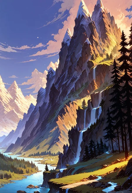 score_9, score_8_up, score_7_up, masterpiece, landscape, trees, sun, forest, mountains, river, epiCPhoto
