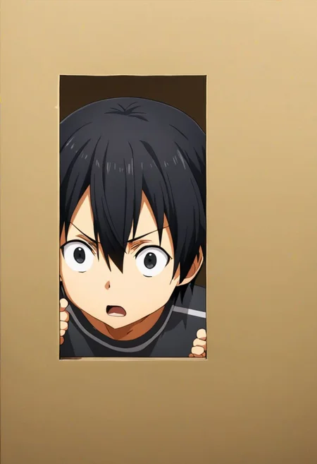 high resolution, solo, best quality, 1Boy, Kazuto Kirigaya, Black Hair, Black Eyes, surprised, peeking out, OverallDetail