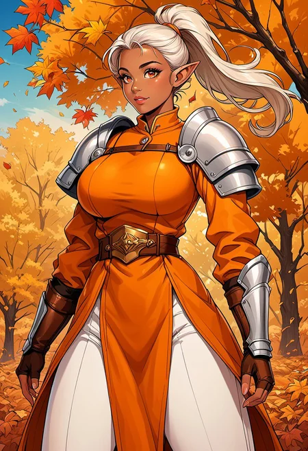 score_9, score_8_up, score_7_up, score_6_up, score_5_up, score_4_up, ANIMEShader, beautiful elven woman, (dark skin:1.3), long white hair in a ponytail, small cute button nose, soft round chin, detailed orange eyes, bright orange eyes, high definition eyes, detailed eyes, elf ears, huge breasts, orange dress, long sleeves, armor, shoulder pads, breastplate, belt, fingerless gloves, white pants, brown boots, autumn, blue sky,