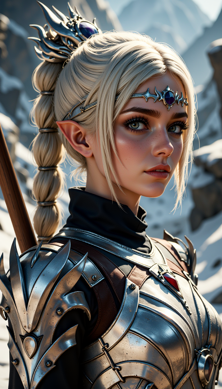A female character rendered in a Woodcut art style. A full body view of this highly detailed young woman with fantasy aesthetic. Meticulous attention to textures and lighting. subject has fair, smooth complexion hint freckles, pointy ears, large, expressive amethyst eyes. Her blonde hair styled high ponytail thick braid, adorned silver crown-like headpiece that features intricate, ornate designs. crown focal point, adding regal otherworldly touch her appearance.
The woman is doing a Skiing activity in a electrified city location.
She wears dark, high-necked garment metallic, shoulder armor slightly worn, weathered look, suggesting character history adventure or battle. intricately sharp, angular edges rivets, giving it rugged yet elegant appearance. enhancing three-dimensional effect. blend realism, capturing both delicate beauty warrior spirit subject.