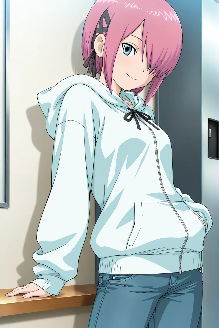 Mon \(Digimon ReArise\),1girl,solo,blue eyes,hood,hair over one eye,short hair,pink hair,pants,hoodie,looking at viewer,jeans,black ribbon,denim,long sleeves,ribbon,blue pants,cowboy shot,hood down,<lora:Mon 2 (Digimon ReArise):0.8>,cowboy_shot,happy smile,, masterpiece,best quality,amazing quality,