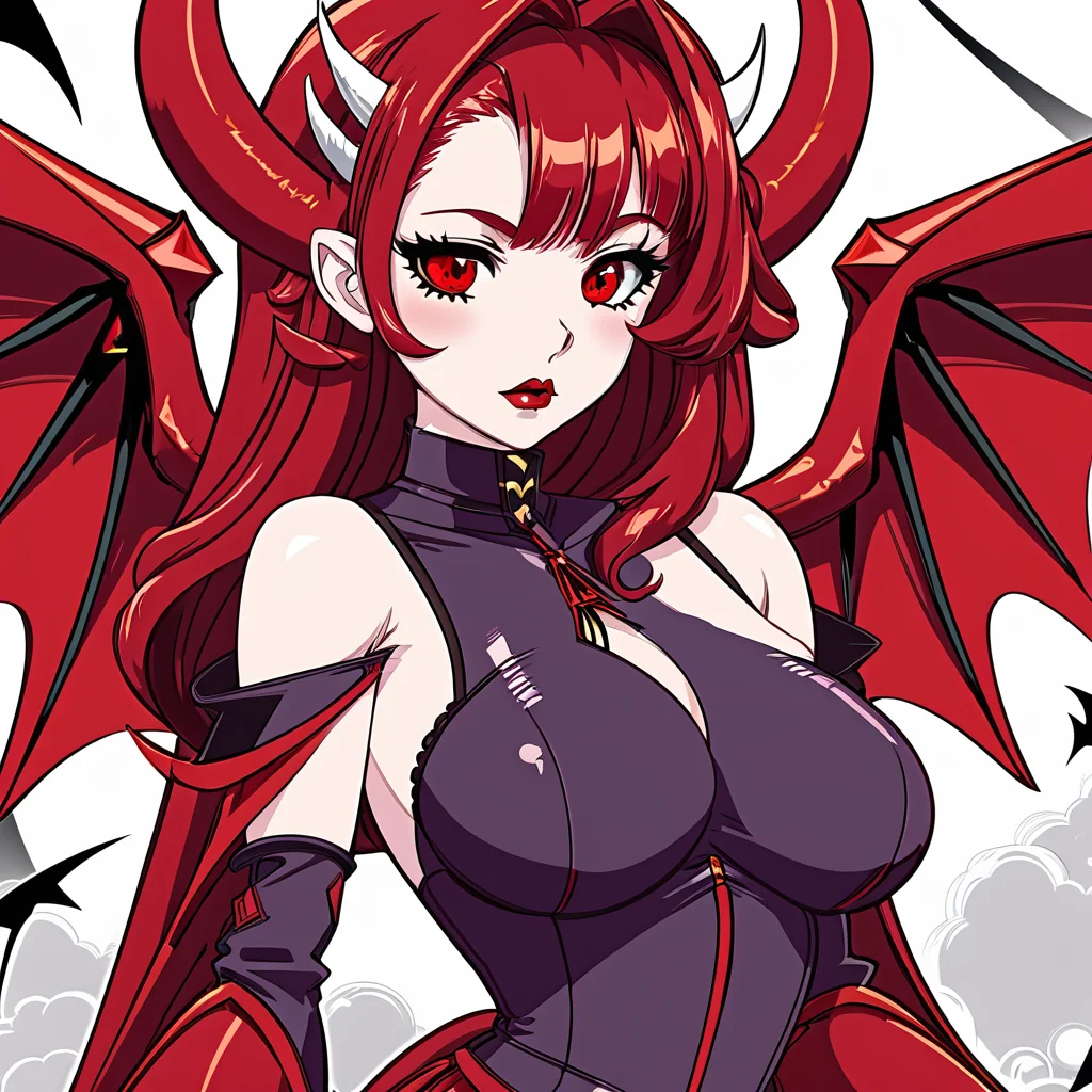 sdgen style, 1girl, solo, long hair, breasts, looking at viewer, large breasts, red eyes, thighhighs, dress, cleavage, bare shoulders, red hair, detached sleeves, wings, horns, pointy ears, covered navel, detached collar, demon girl, demon horns, demon wings, red lips, <lora:sdgen_LoCon_Ultimate:1>
