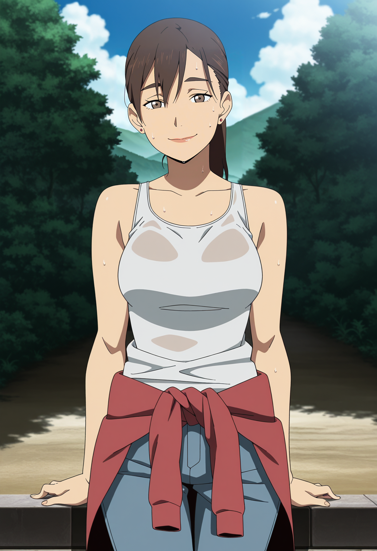 1girl,solo,mari,mature female,brown hair,brown eyes,ponytail,earrings,anime coloring,
tank top,pants,red jacket,jacket around waist,sweat,hot,summer,outdoors, looking at viewer, smile,
,masterpiece,best quality,amazing quality,<lora:Mari_Kusakabe-Tokyo_Magnitude_8.0_ix:0.8>