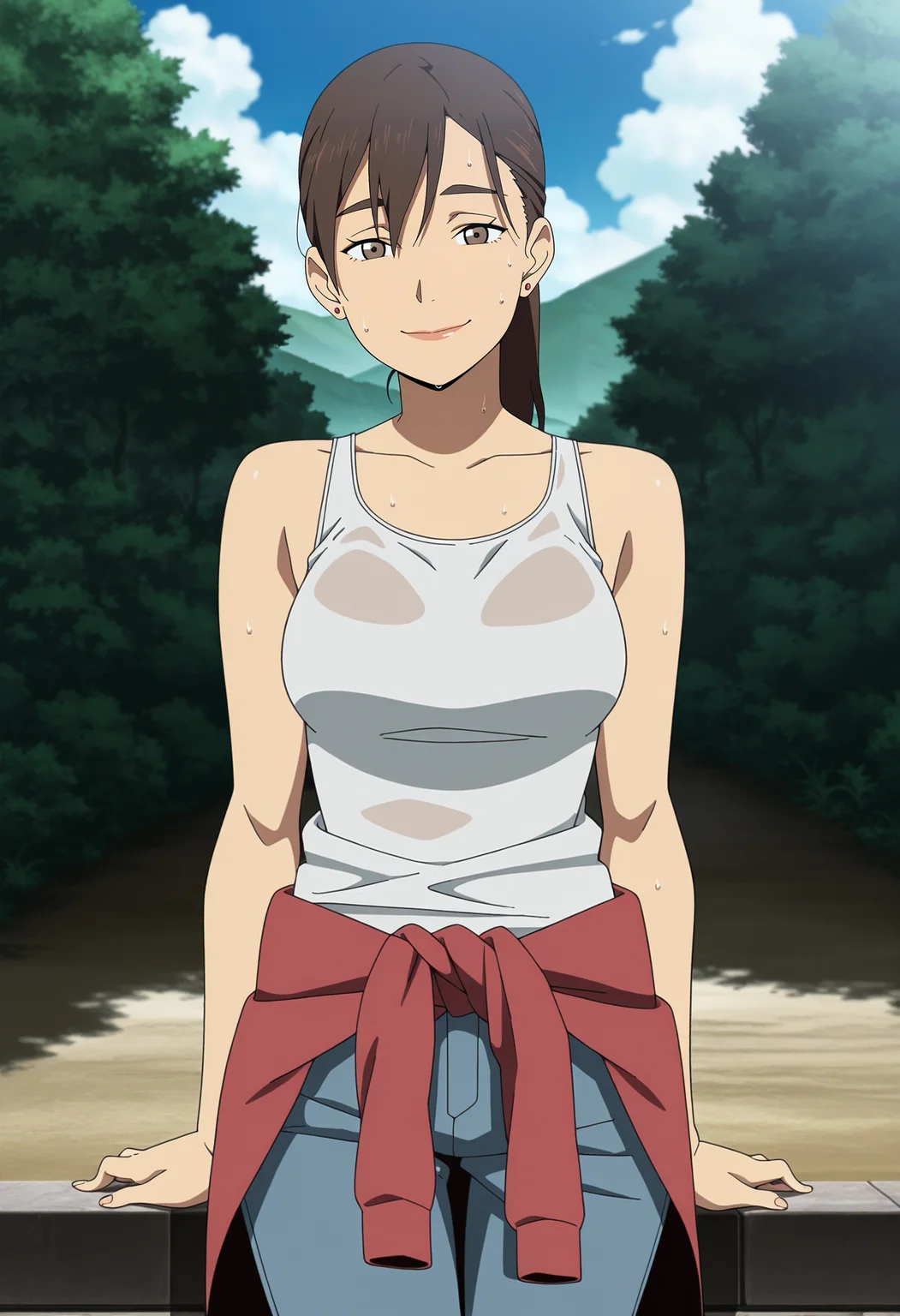 1girl,solo,mari,mature female,brown hair,brown eyes,ponytail,earrings,anime coloring,
tank top,pants,red jacket,jacket around waist,sweat,hot,summer,outdoors, looking at viewer, smile,
,masterpiece,best quality,amazing quality,<lora:Mari_Kusakabe-Tokyo_Magnitude_8.0_ix:0.8>