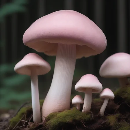 Light pink Generous Club-shaped Rough mushroom, Iridescent Texture, Fungal Filaments Entwined with Roots, Arctic, Solitary, Cap Surface Smooth Pileus,,Radially Split Volva, Banded __mushrooms/stipe__,