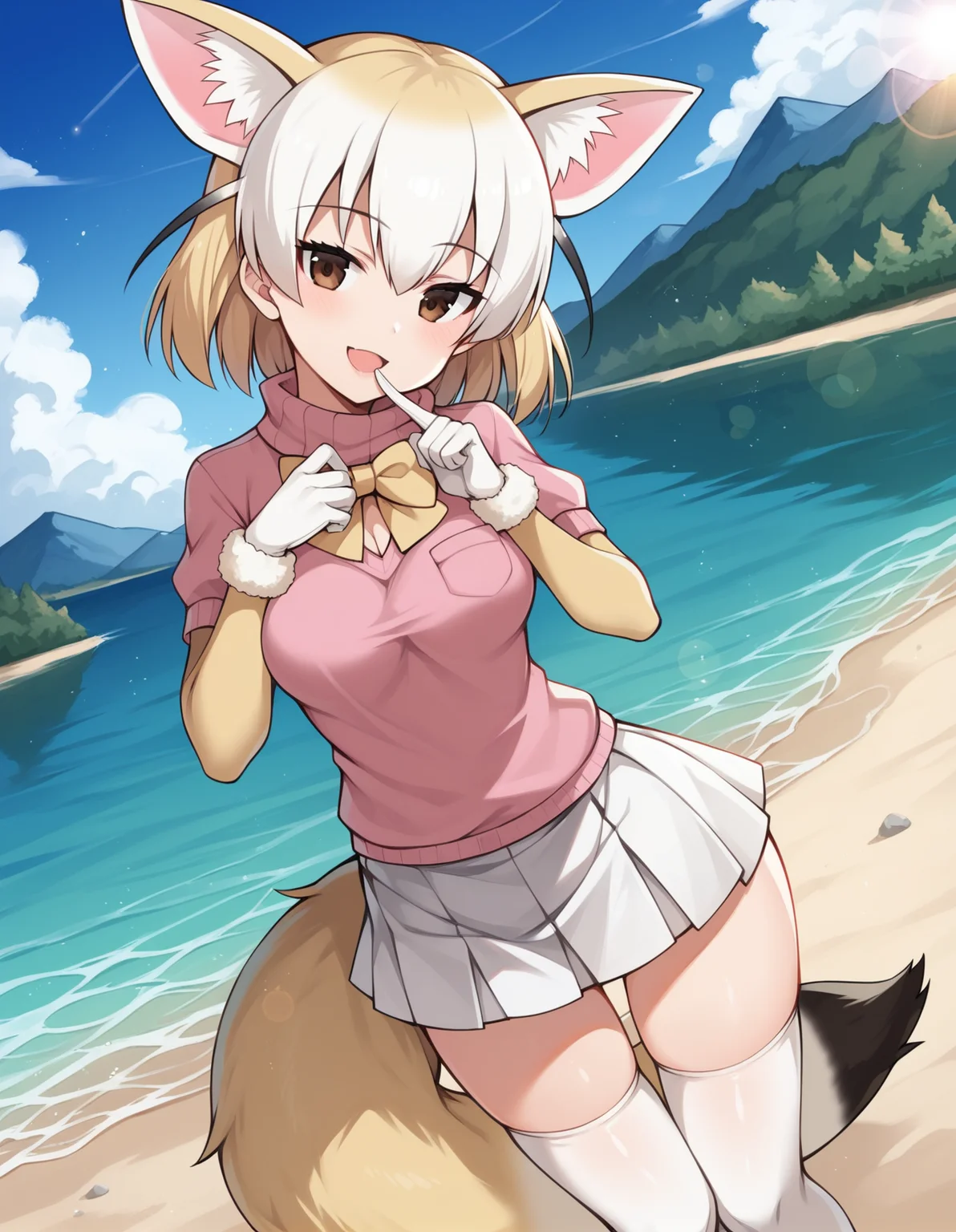score_9, score_8_up, score_7_up, score_6_up, score_5_up, score_4_up, source_anime, rating_explicit, BREAK, <lora:fennecXL_LoRA-C3Lier_AdamW_Dim8_Alpha8_UN-3e-4_TE-1.5e-4_10batch_ponyDiffusionV6XL_v6StartWithThisOne:1>, fennec \(kemono friends\), 1girl, fox ears, blonde hair, short hair, brown eyes, fox tail, medium breasts, pink sweater, breast pocket, short sleeves, yellow bowtie, white skirt, pleated skirt, fur-trimmed gloves, fur trim, thighhighs, finger to mouth, head tilt, twisted torso, dutch angle, open mouth, light smile, standing, sand, tree, lake, rock, mountainous horizon, sunlight, lens flare, cloud