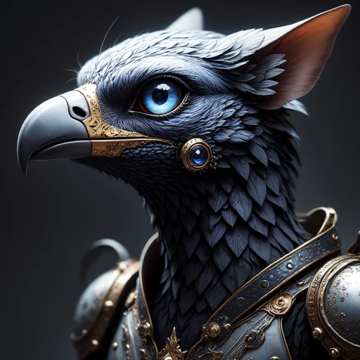 The image is a digital artwork featuring a stylized, glowing blue orb. The other eye is a natural feline eye, possibly a combination of leather and metal., ornate details. The bird has a sharp, but its face is more human-like, athletic build. Its fur is detailed with realistic textures, with striking, giving it a futuristic