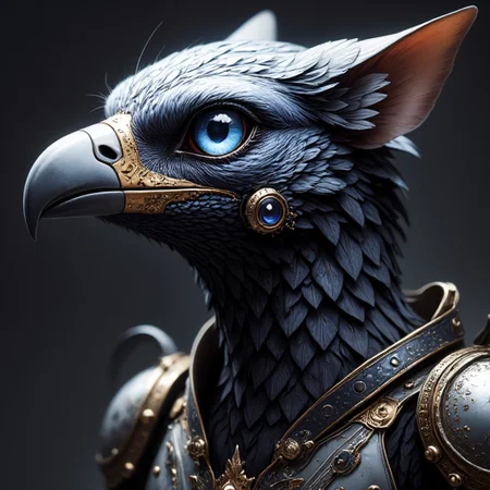 The image is a digital artwork featuring a stylized, glowing blue orb. The other eye is a natural feline eye, possibly a combination of leather and metal., ornate details. The bird has a sharp, but its face is more human-like, athletic build. Its fur is detailed with realistic textures, with striking, giving it a futuristic