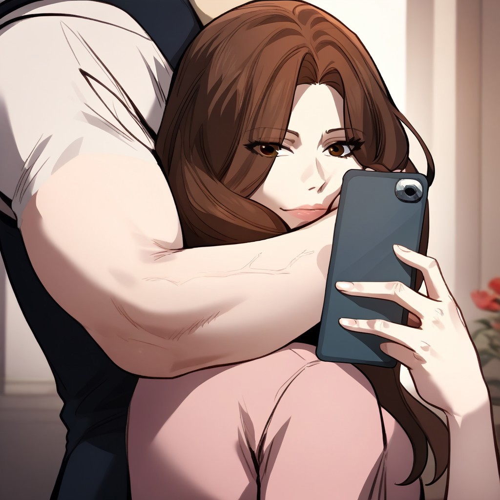zPDXL2, score_9_up, score_8_up, score_7_up, (Anime_source), high detail face, best quality, absurd res, FlxngArndHdMeme
1boy, 1girl, selfie, hug, hug from behind, holding phone, muscular, close-up, flexing, LeeHayeon, brown eyes, brown hair, long hair, looking at viewer, :3