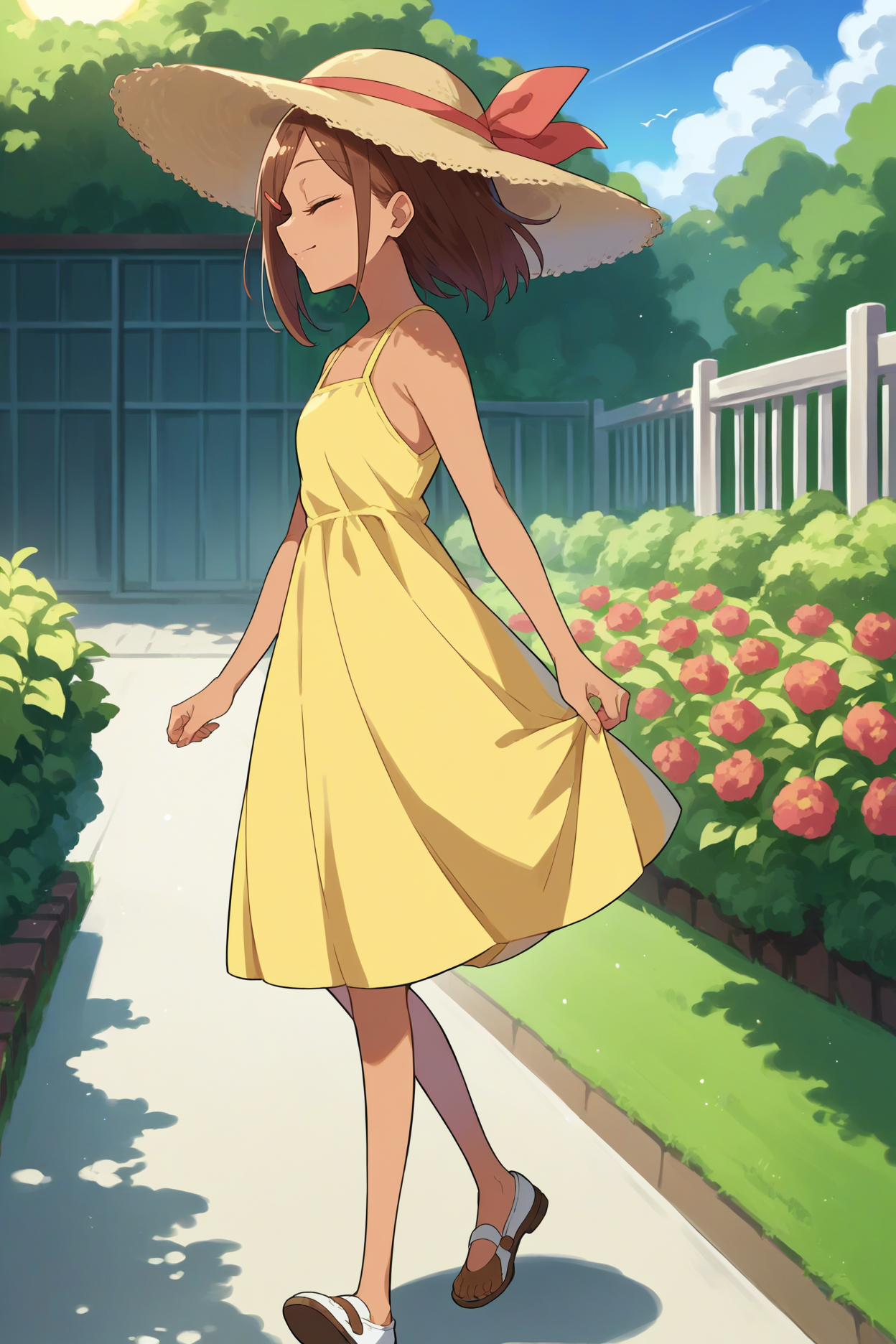 score_9, score_8_up, score_7_up, score_6_up, source_anime, 1girl, solo,  <lora:ueharaayaka-pdxl-nvwls-v1-000006:1> ueaya, brown hair, tan, hairclip, yellow sundress, sun hat, closed eyes, happy, garden, walking, from side, looking at you