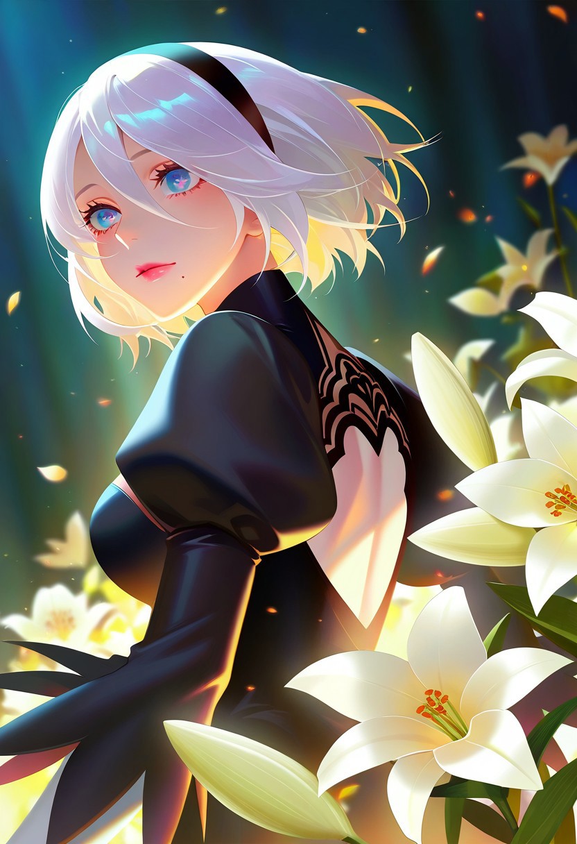 masterpiece, best quality, very aesthetic, high resolution, ultra-detailed, absurdres, newest, extremely detailed eyes, beautiful, perfect lighting, hi res, amazing quality, very awa, Brightly Lit, Highly Visible, 8k, sharp focus, beautiful, perfect lighting, volumetric lighting, scenery, painting_(artwork), Score_ST, yorha 2b, 1girl, back cutout, black dress, black hairband, blue eyes, cleavage cutout, clothing cutout, dress, flower, hairband, juliet sleeves, lily (flower), long sleeves, mole, mole under mouth, no blindfold, pink lips, puffy sleeves, solo, upper body, white hair